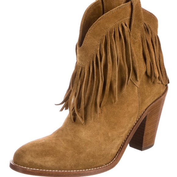 Saint Laurent Suede Fringe Trim Accent Western Boots - Picture 1 of 4